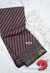 Jet Black - Semi Modal Silk with Diagonal Stripes and Ajrakh Prints Pallu - Best for Regular Wear | Casual Wear