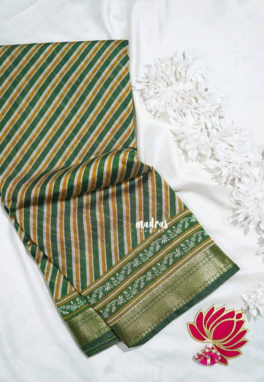 Classic Green - Semi Modal Silk with Diagonal Stripes and Ajrakh Prints Pallu - Best for Regular Wear | Casual Wear