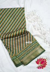 Classic Green - Semi Modal Silk with Diagonal Stripes and Ajrakh Prints Pallu - Best for Regular Wear | Casual Wear