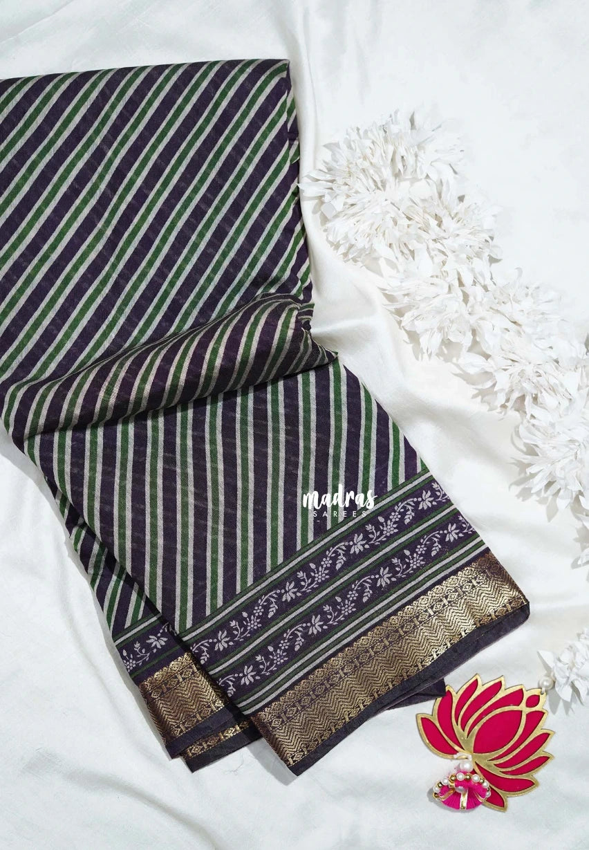 Dark Jamun Purple - Semi Modal Silk with Diagonal Stripes and Ajrakh Prints Pallu - Best for Regular Wear | Casual Wear