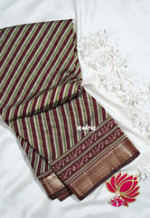 Dark Maroon - Semi Modal Silk with Diagonal Stripes and Ajrakh Prints Pallu - Best for Regular Wear | Casual Wear