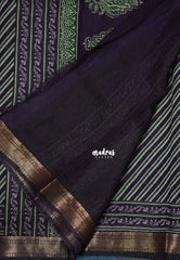 Dark Jamun Purple - Semi Modal Silk with Diagonal Stripes and Ajrakh Prints Pallu - Best for Regular Wear | Casual Wear