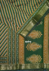 Classic Green - Semi Modal Silk with Diagonal Stripes and Ajrakh Prints Pallu - Best for Regular Wear | Casual Wear