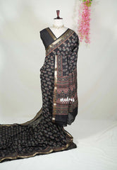 Jet Black - Semi Modal Silk with Floral Prints and Soft Tissue Zari Border - Best for Regular Wear | Casual Wear