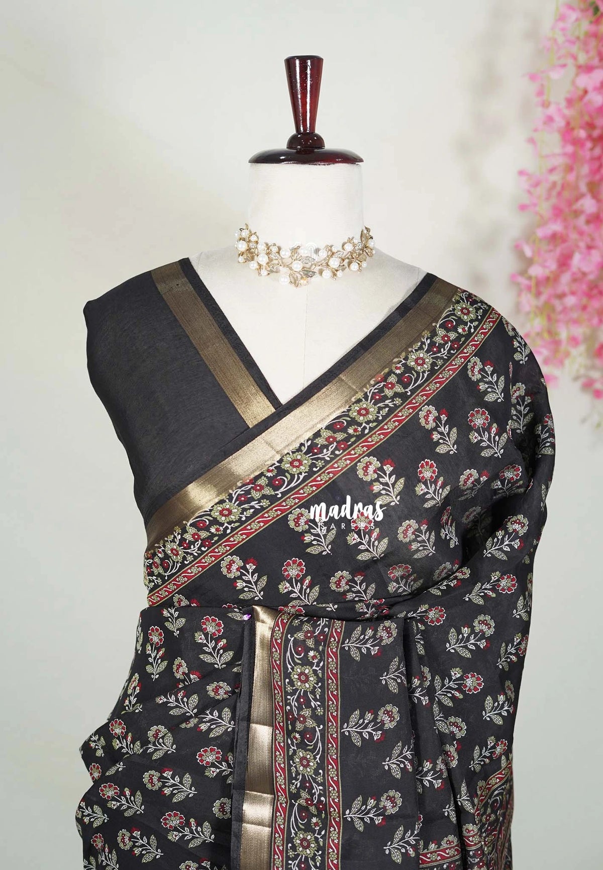 Jet Black - Semi Modal Silk with Floral Prints and Soft Tissue Zari Border - Best for Regular Wear | Casual Wear