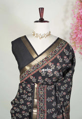 Jet Black - Semi Modal Silk with Floral Prints and Soft Tissue Zari Border - Best for Regular Wear | Casual Wear