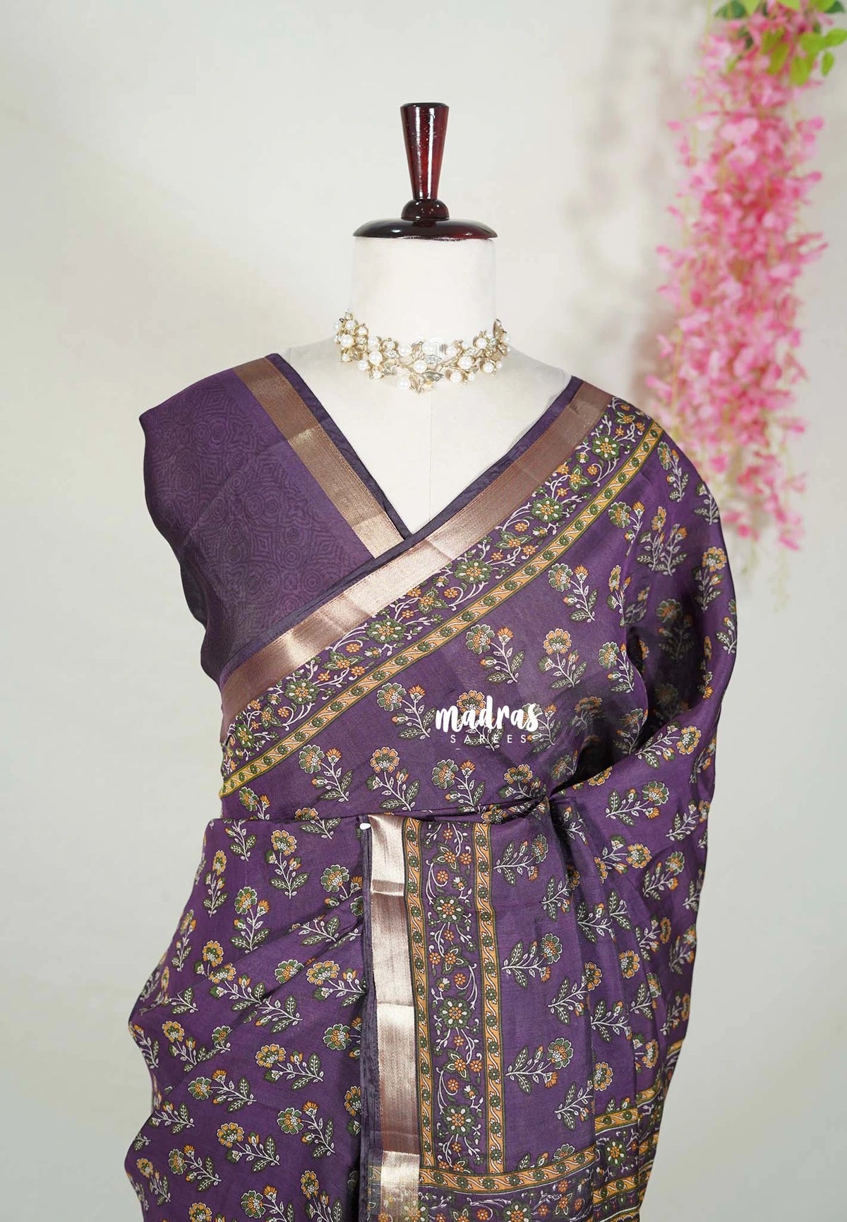 Jamun Purple - Semi Modal Silk with Floral Prints and Soft Tissue Zari Border - Best for Regular Wear | Casual Wear