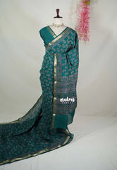 Teal Blue - Semi Modal Silk with Floral Prints and Soft Tissue Zari Border - Best for Regular Wear | Casual Wear
