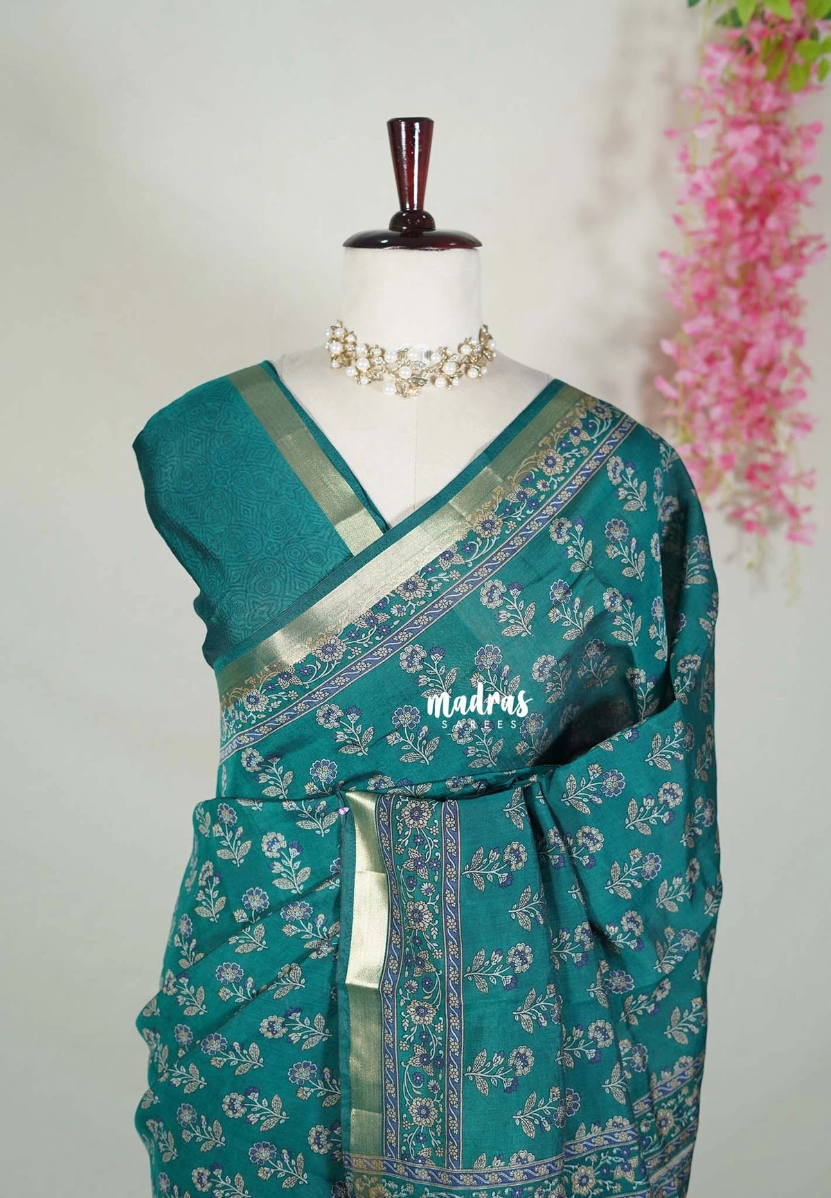 Teal Blue - Semi Modal Silk with Floral Prints and Soft Tissue Zari Border - Best for Regular Wear | Casual Wear