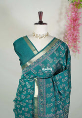 Teal Blue - Semi Modal Silk with Floral Prints and Soft Tissue Zari Border - Best for Regular Wear | Casual Wear