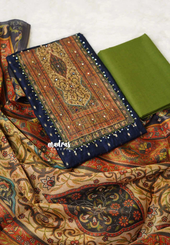 Amitha – Navy Blue Semi silk salwar suit with tissue yoke and dupatta cotton bottom