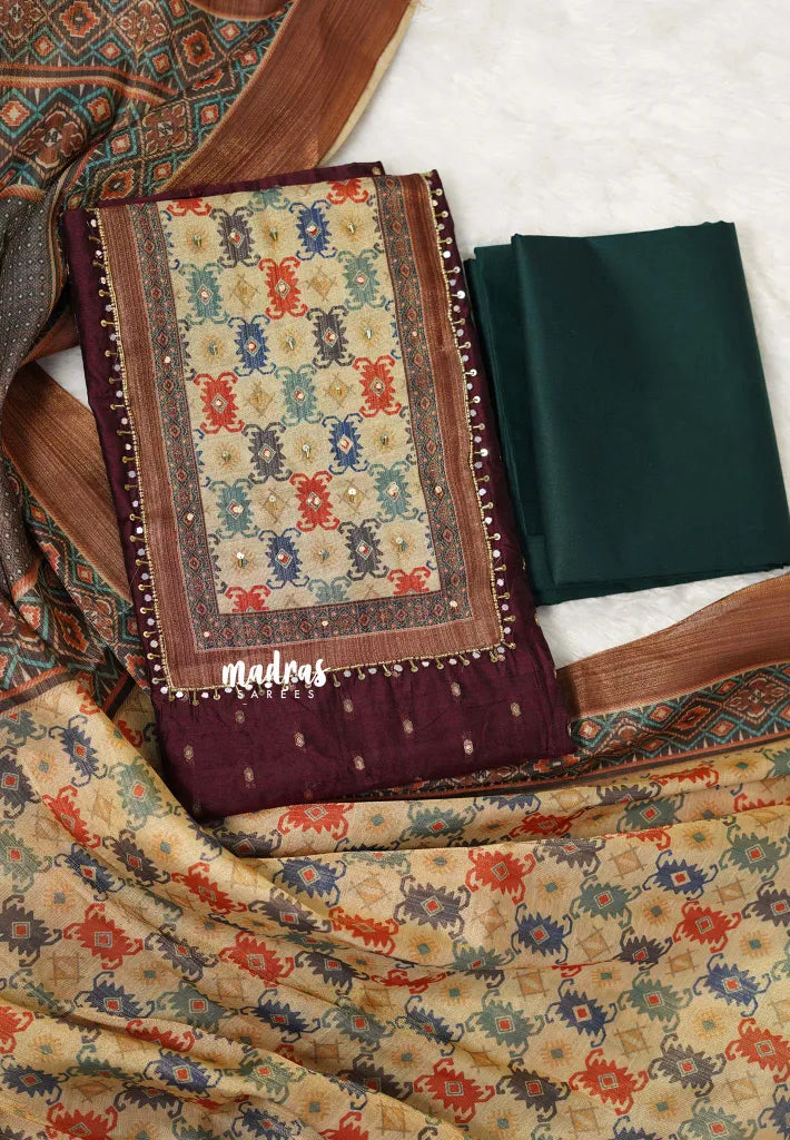 Amitha – Winered Semi silk salwar suit with tissue yoke and dupatta cotton bottom