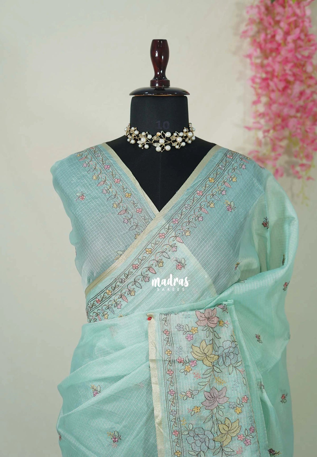 Creamy Turquoise - Shalini - Premium Super Net Saree with Embroidery Weaving Border, Pallu and Buttas - Best for Office Wear / Hightea party