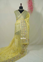 Creamy Yellow - Shalini - Premium Super Net Saree with Embroidery Weaving Border, Pallu and Buttas - Best for Office Wear / Hightea party