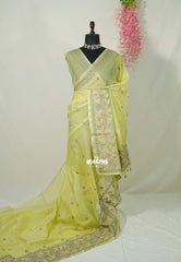 Creamy Lime Green - Shalini - Premium Super Net Saree with Embroidery Weaving Border, Pallu and Buttas - Best for Office Wear / Hightea party
