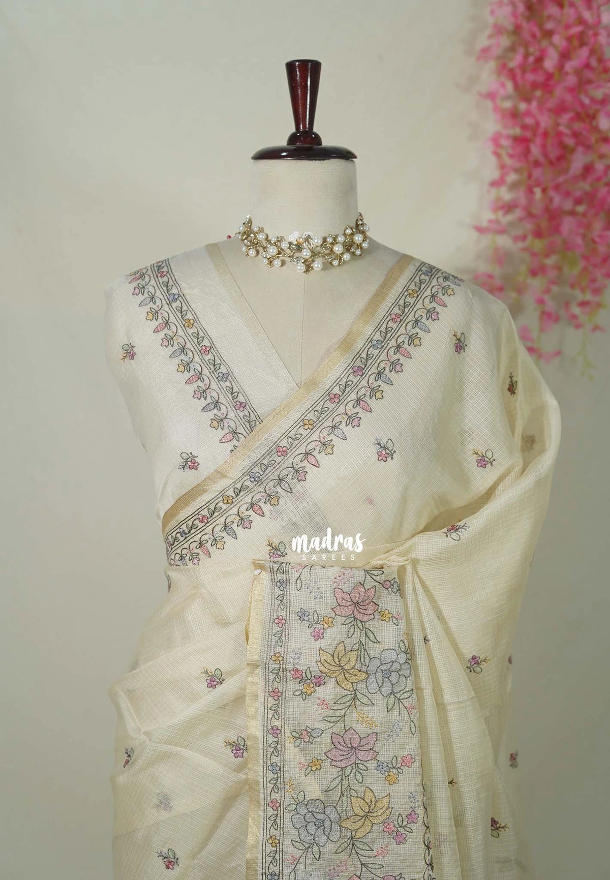 Ivory Beige - Shalini - Premium Super Net Saree with Embroidery Weaving Border, Pallu and Buttas - Best for Office Wear / Hightea party