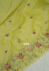 Pastel Yellowish Green with Scallop - Shalini - Premium Super Net Saree Petite Embroidery Weaving Border and Buttas with Scallop - Best for Office Wear / Hightea party