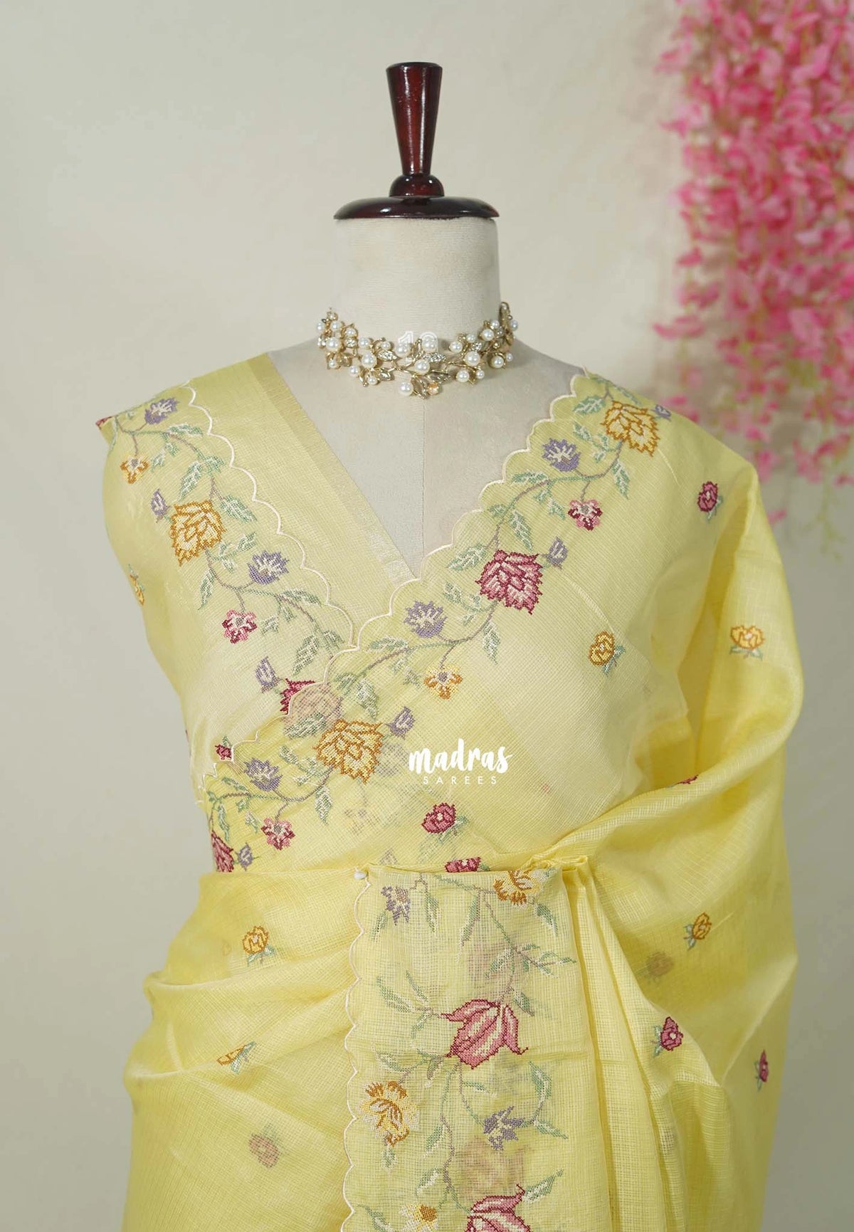 Creamy Butter Yellow with Scallop - Shalini - Premium Super Net Saree Petite Embroidery Weaving Border and Buttas with Scallop - Best for Office Wear / Hightea party
