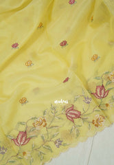 Creamy Butter Yellow with Scallop - Shalini - Premium Super Net Saree Petite Embroidery Weaving Border and Buttas with Scallop - Best for Office Wear / Hightea party