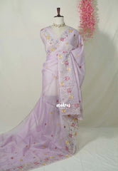 Creamy Lilac with Scallop - Shalini - Premium Super Net Saree Petite Embroidery Weaving Border and Buttas with Scallop - Best for Office Wear / Hightea party