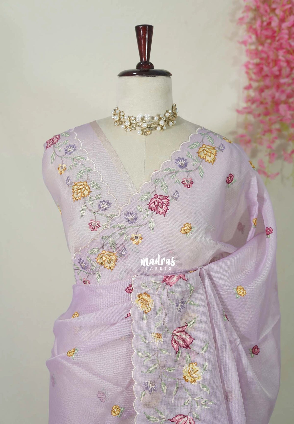 Creamy Lilac with Scallop - Shalini - Premium Super Net Saree Petite Embroidery Weaving Border and Buttas with Scallop - Best for Office Wear / Hightea party
