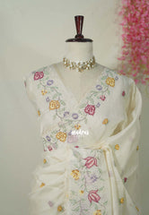 Ivory Beige with Scallop - Shalini - Premium Super Net Saree Petite Embroidery Weaving Border and Buttas with Scallop - Best for Office Wear / Hightea party