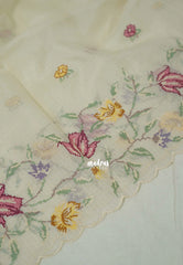 Ivory Beige with Scallop - Shalini - Premium Super Net Saree Petite Embroidery Weaving Border and Buttas with Scallop - Best for Office Wear / Hightea party