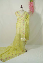Pastel Yellowish Green with Scallop - Shalini - Premium Super Net Saree Petite Embroidery Weaving Border and Buttas with Scallop - Best for Office Wear / Hightea party