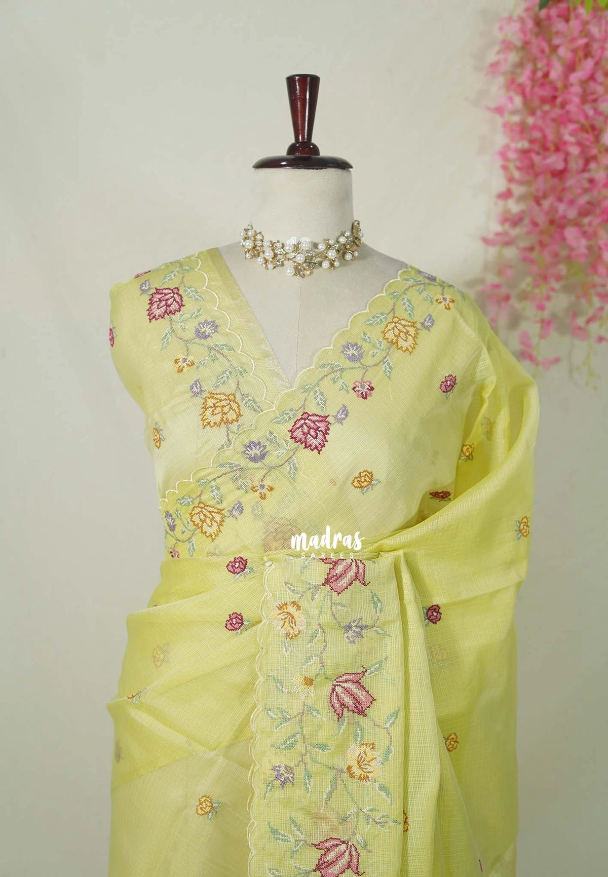 Pastel Yellowish Green with Scallop - Shalini - Premium Super Net Saree Petite Embroidery Weaving Border and Buttas with Scallop - Best for Office Wear / Hightea party