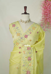 Pastel Yellowish Green with Scallop - Shalini - Premium Super Net Saree Petite Embroidery Weaving Border and Buttas with Scallop - Best for Office Wear / Hightea party