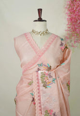 Blush Peach with Lace - Shalini - Premium Super Net Saree with Embroidery Weaving - Best for Office Wear / Hightea party