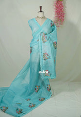 Aqua Blue with Lace - Shalini - Premium Super Net Saree with Embroidery Weaving - Best for Office Wear / Hightea party