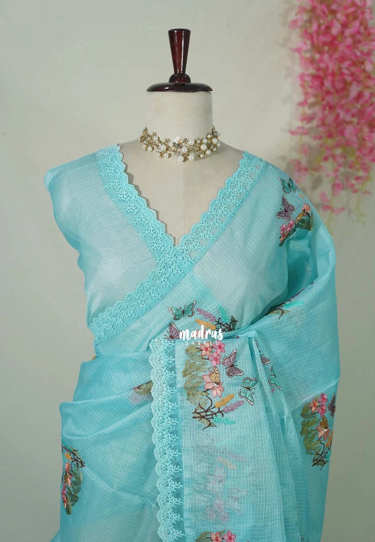 Aqua Blue with Lace - Shalini - Premium Super Net Saree with Embroidery Weaving - Best for Office Wear / Hightea party