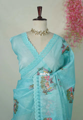 Aqua Blue with Lace - Shalini - Premium Super Net Saree with Embroidery Weaving - Best for Office Wear / Hightea party