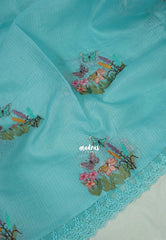 Aqua Blue with Lace - Shalini - Premium Super Net Saree with Embroidery Weaving - Best for Office Wear / Hightea party