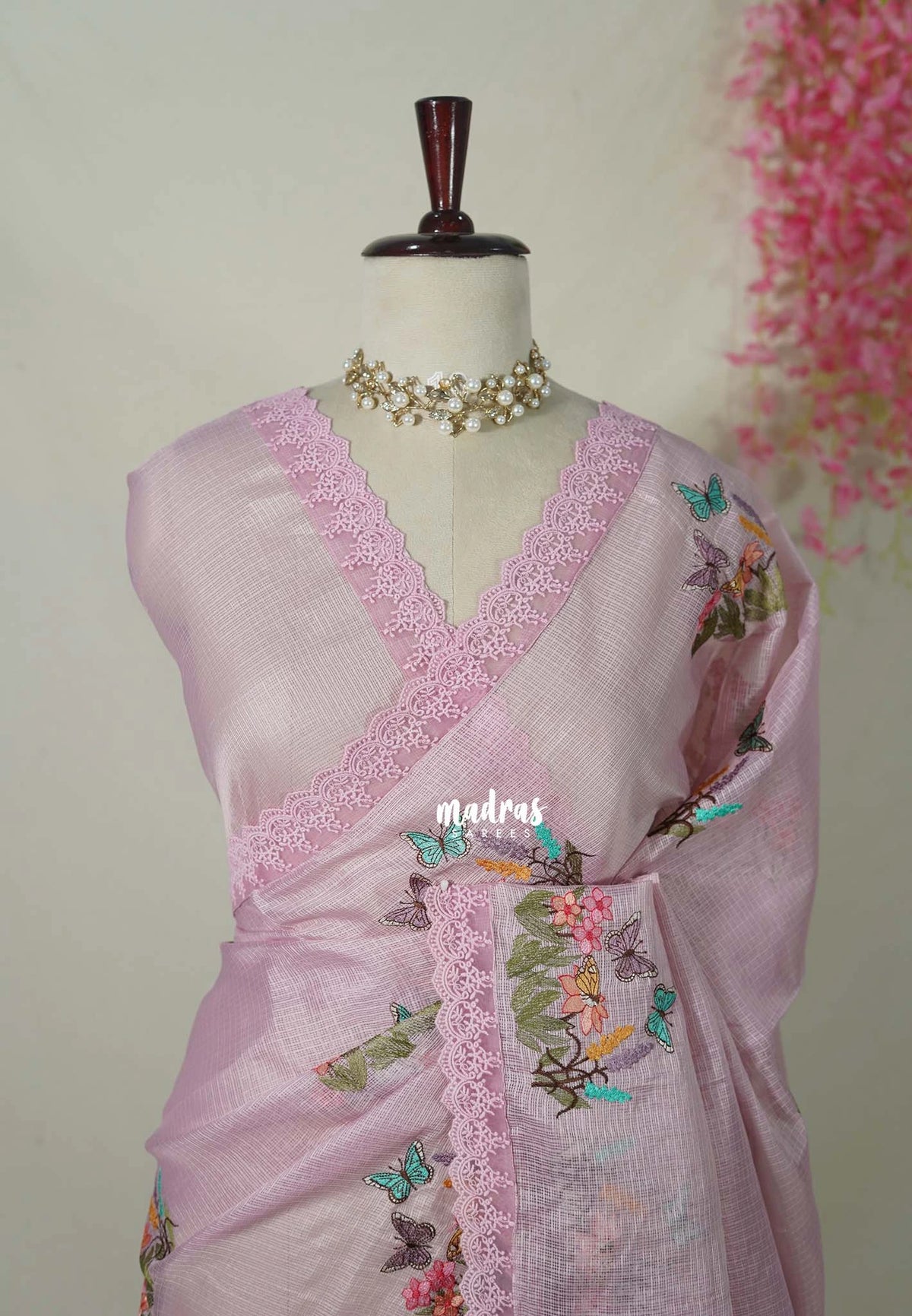 Onion Pink with Lace - Shalini - Premium Super Net Saree with Embroidery Weaving - Best for Office Wear / Hightea party