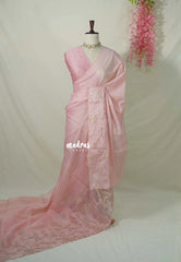 Creamy Pink - Shalini - Premium Super Net Saree with Floral Embroidery Border - Best for Office Wear / Hightea party