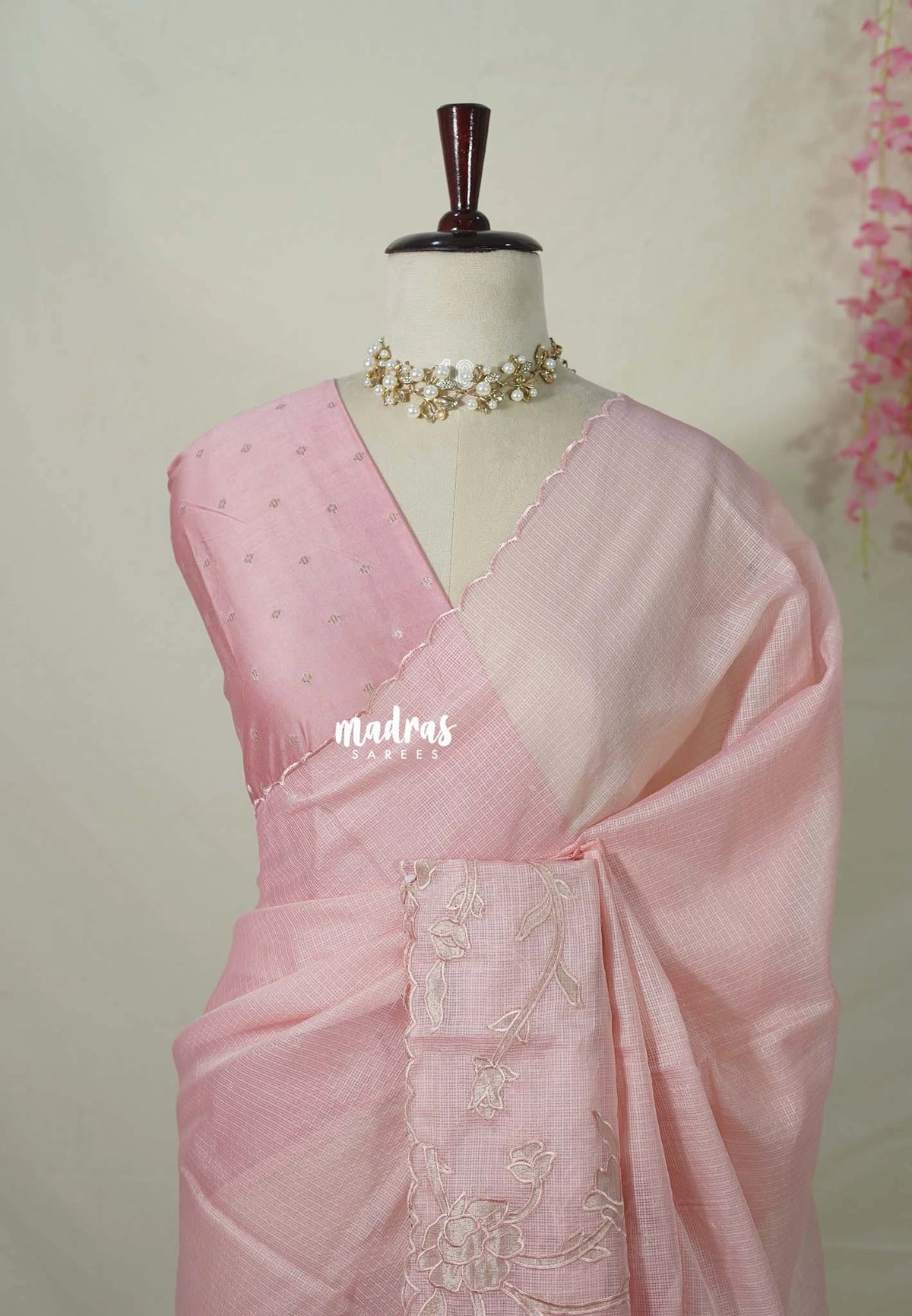 Creamy Pink - Shalini - Premium Super Net Saree with Floral Embroidery Border - Best for Office Wear / Hightea party