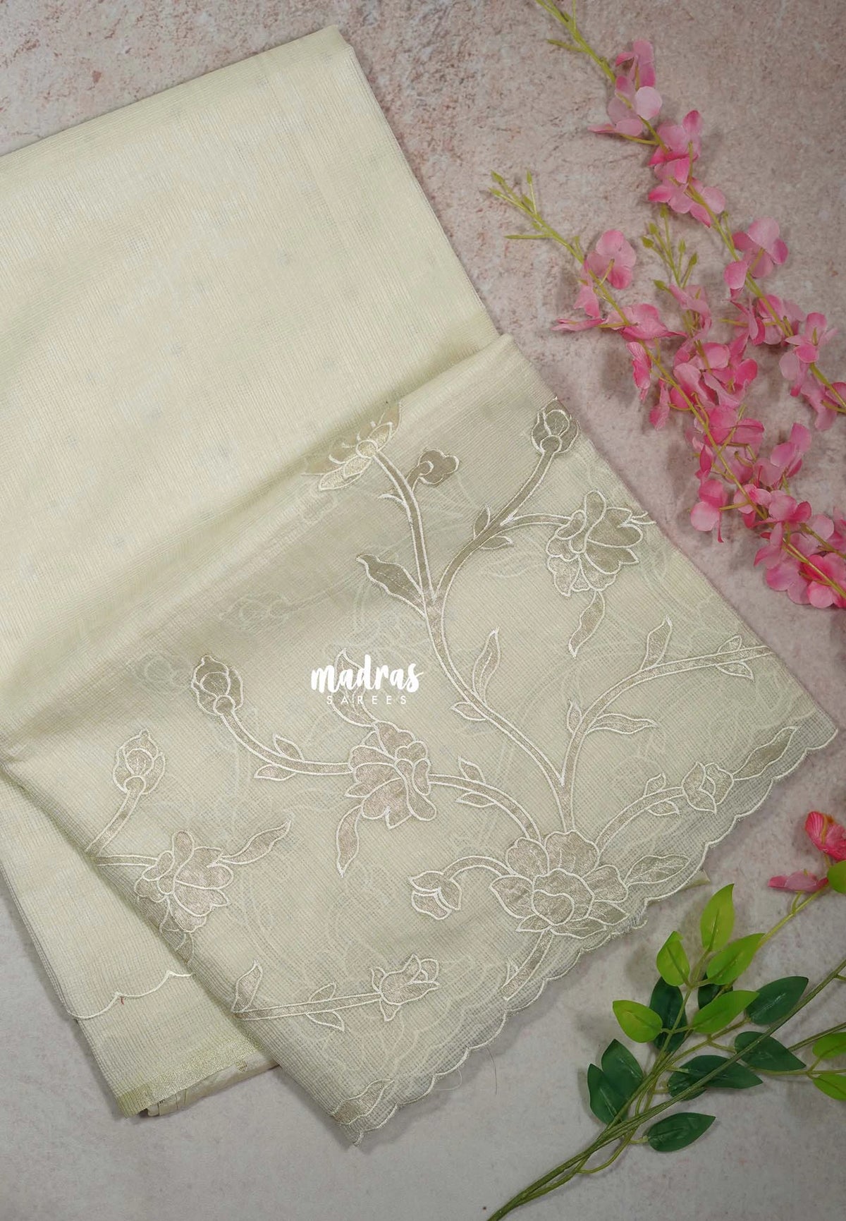Creamy Ivory - Shalini - Premium Super Net Saree with Floral Embroidery Border - Best for Office Wear / Hightea party