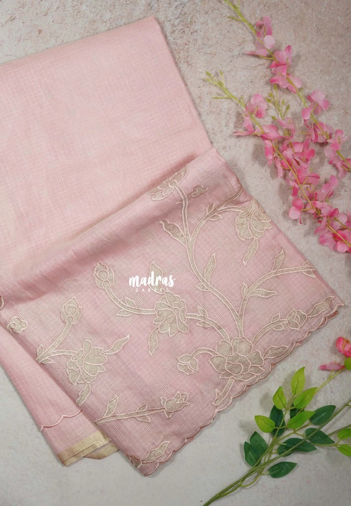Creamy Pink - Shalini - Premium Super Net Saree with Floral Embroidery Border - Best for Office Wear / Hightea party