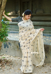 Ivory Cream - Aathini - Malayalam Letters Hand block Bamboo Cotton Double Blouse Combo | Best for college | school | Award function