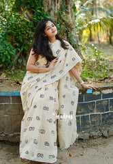 Ivory Cream - Aathini - Malayalam Letters Hand block Bamboo Cotton Double Blouse Combo | Best for college | school | Award function