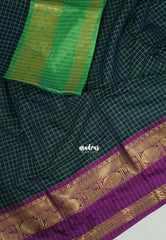 Midnight Blue - Sico Gadwal Semi Silk Checks with Ganga Jamuna Border - Best for Wedding Functions