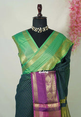Midnight Blue - Sico Gadwal Semi Silk Checks with Ganga Jamuna Border - Best for Wedding Functions
