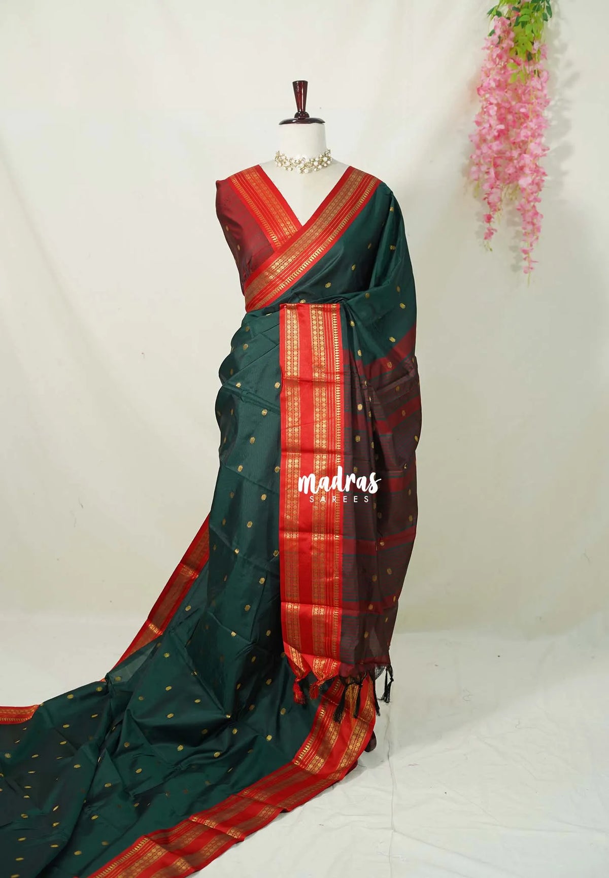 Midnight Green - Sico Gadwal semi silk with Rettapet Rudraksham Border - Best for Wedding Functions