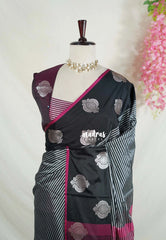 Grey & Black - Sico Gadwal Semi Silk Horizontal Stripes Saree with Contrast Pallu and Blouse - Best for Diwali Functions | Temple Visit