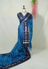 Peacock Blue - Sico Gadwal Semi Silk Plain with Mango Border - Best for Wedding Functions