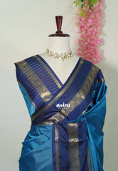 Peacock Blue - Sico Gadwal Semi Silk Plain with Mango Border - Best for Wedding Functions