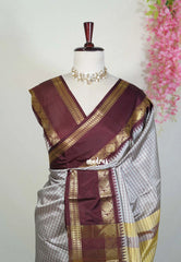 Dove Grey - Sico Gadwal Semi Silk Checks with Traditonal Rudraksham Border - Best for Wedding Functions | Temple Visit