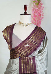 Silver Grey - Sico Gadwal Semi Silk Stripes with Traditional Border - Best for Small Functions